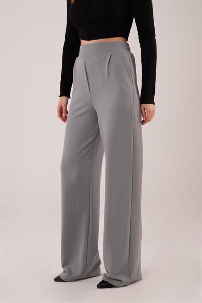 Yüksek Bel Bol Paça Krep Gri Pantolon