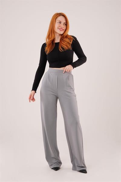 Yüksek Bel Bol Paça Krep Gri Pantolon