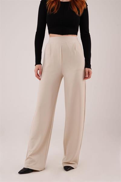 Yüksek Bel Bol Paça Krep Krem Pantolon