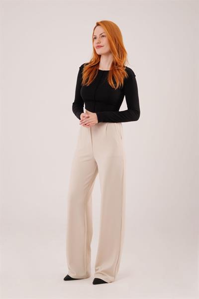 Yüksek Bel Bol Paça Krep Krem Pantolon