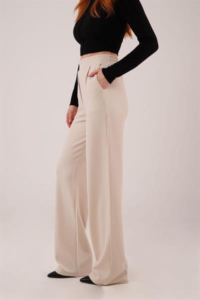 Yüksek Bel Bol Paça Krep Krem Pantolon