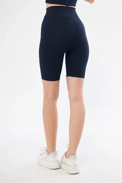 Yüksek Bel Fitilli Biker Baskılı Şort - Lacivert
