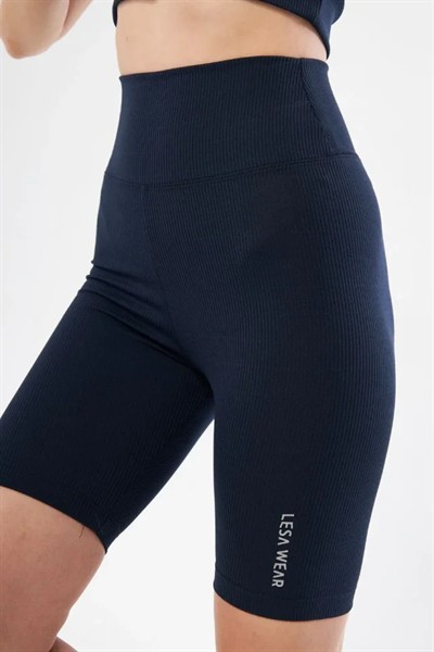 Yüksek Bel Fitilli Biker Baskılı Şort - Lacivert