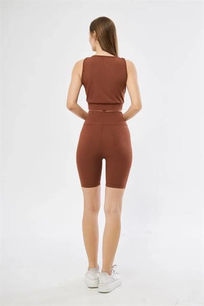 Yüksek Bel Fitilli Croplu Biker Şortlu Takım - Kahve