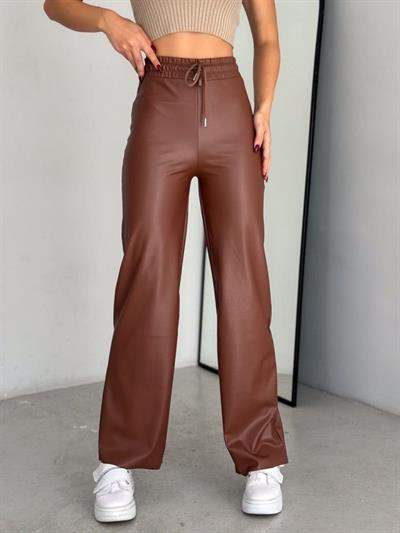 Yüksek Bel Geniş Paça Içi şardonlu Deri Pantolon.