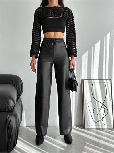 Yüksek Bel Geniş Paça Içi şardonlu Deri Pantolon.
