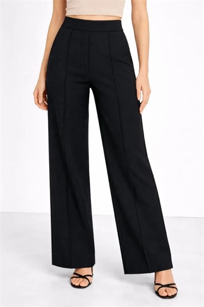 Yüksek Bel Palazzo Pantolon Çima Dikişli Bol Paça Akıcı Kumaş Günlük Ve Ofis Şıklığı - Siyah