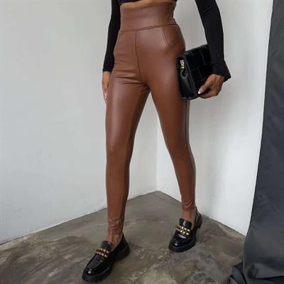 Yüksek Bel şardonlu Deri Tayt