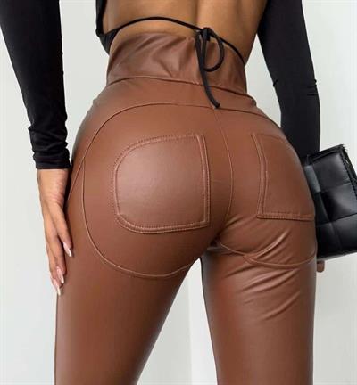 Yüksek Bel şardonlu Deri Tayt