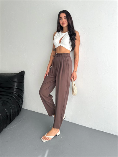 Yüksel Bel Rahat Paça Pantalon - Kahverengi