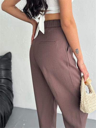 Yüksel Bel Rahat Paça Pantalon - Kahverengi