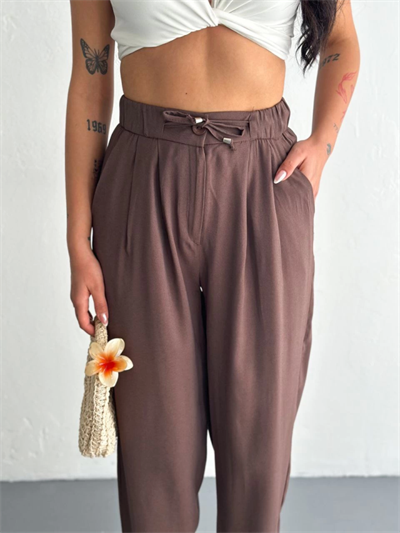 Yüksel Bel Rahat Paça Pantalon - Kahverengi