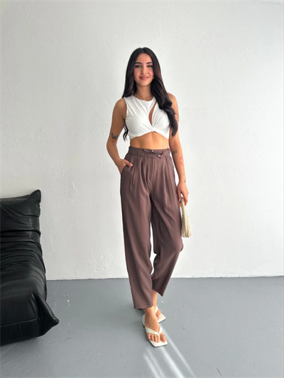 Yüksel Bel Rahat Paça Pantalon - Kahverengi