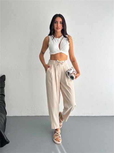 Yüksel Bel Rahat Paça Pantalon - Kırık Beyaz