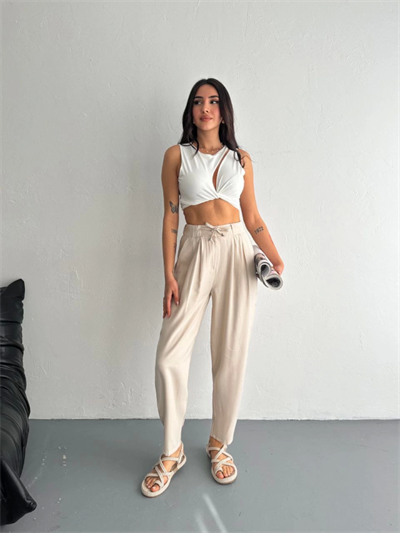 Yüksel Bel Rahat Paça Pantalon - Kırık Beyaz