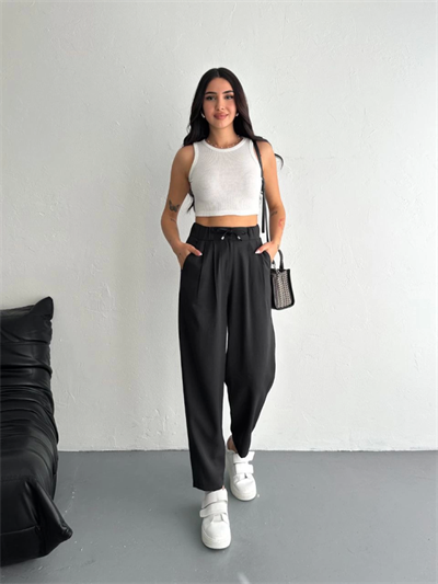 Yüksel Bel Rahat Paça Pantalon - Siyah