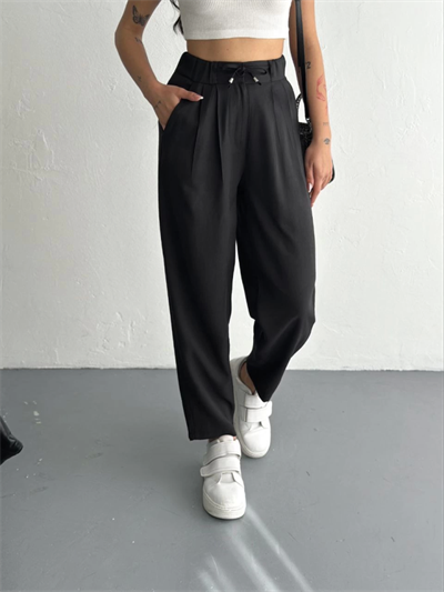 Yüksel Bel Rahat Paça Pantalon - Siyah
