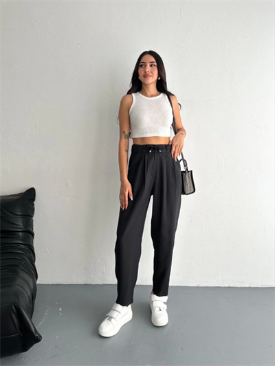 Yüksel Bel Rahat Paça Pantalon - Siyah