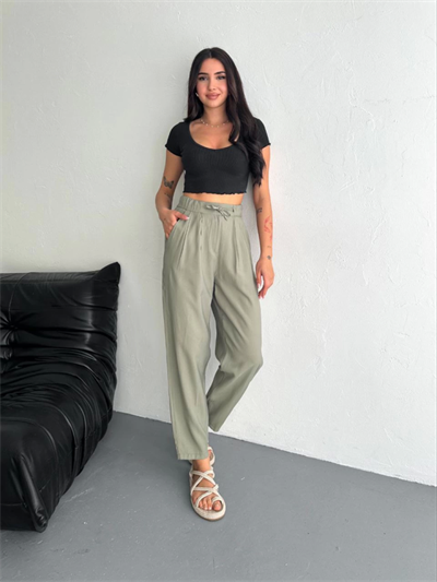 Yüksel Bel Rahat Paça Pantalon - Su Yeşili