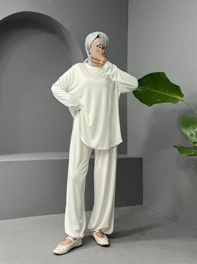 Yuvarlak Yaka Oval Kesim Cepli Pantolonlu Osyho Takım -Beyaz