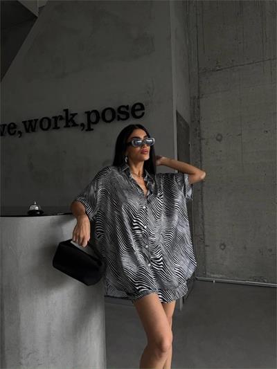 ZEBRA DESENLİ SATEN ŞORT GÖMLEK TAKIM - Bej