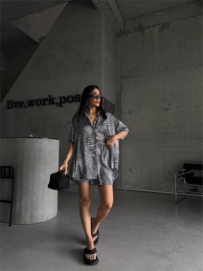 ZEBRA DESENLİ SATEN ŞORT GÖMLEK TAKIM - Bej