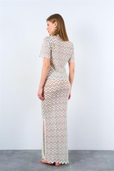 Zikzak Desenli Etekli Takım - Krem-Siyah