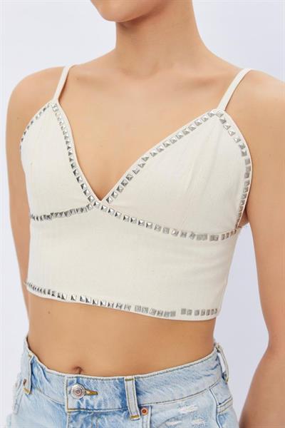 Zımbalı Askılı Bluz - Krem