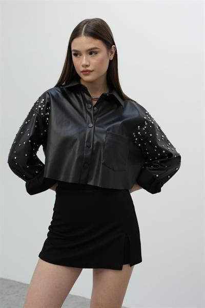 Zımbalı Deri Gömlek - Siyah