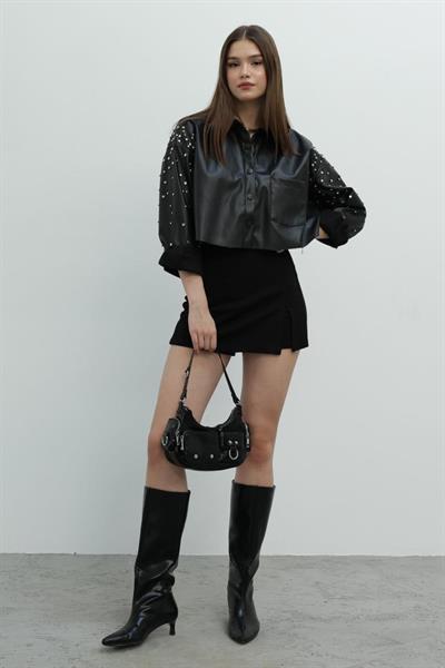 Zımbalı Deri Gömlek - Siyah