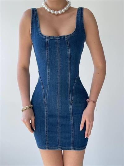 Zippe Detaylı Denim Elbise