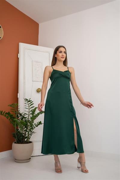 Zümrüt Askılı Saten Elbise