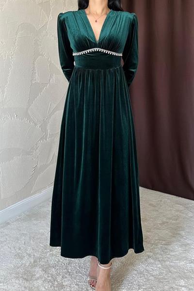 Zümrüt Göğüs Altı Taşlı Elbise