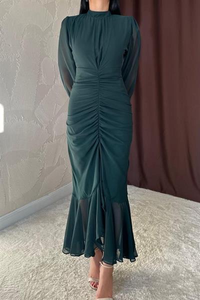 Zümrüt Önü Büzgülü Şifon Elbise