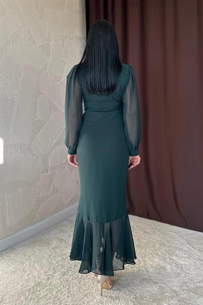 Zümrüt Önü Büzgülü Şifon Elbise