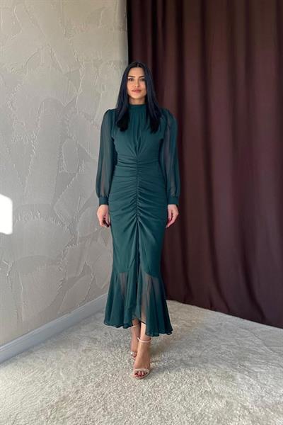 Zümrüt Önü Büzgülü Şifon Elbise