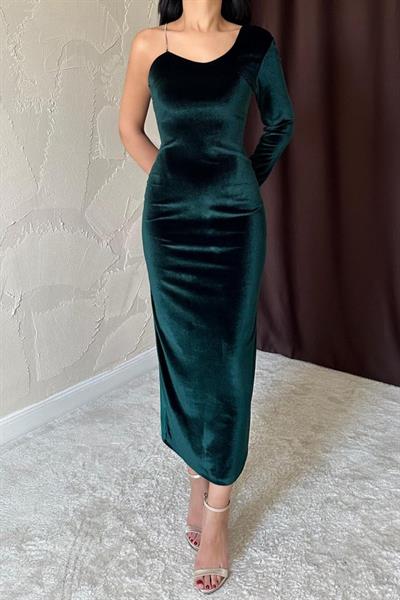 Zümrüt Tek Omuzlu Taş Askılı Elbise