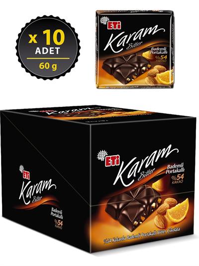 Eti Karam %54 Kakaolu Bademli Portakallı Bitter Çikolata 60 g x 10 Adet