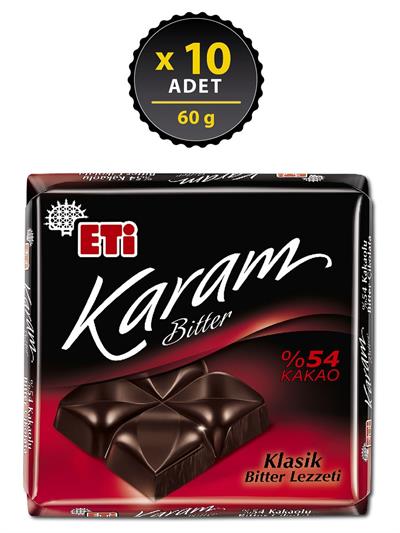 Eti Karam %54 Kakaolu Bitter Çikolata 60 g x 10 Adet
