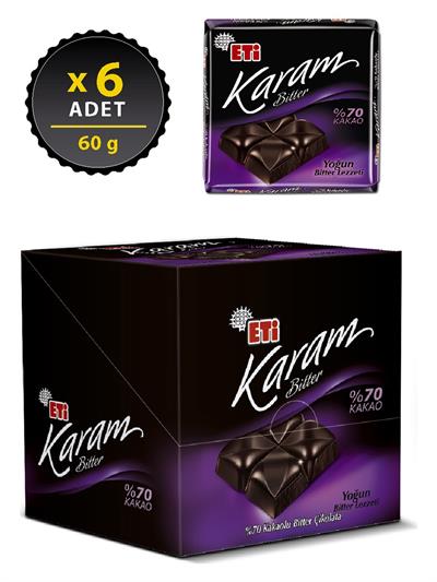 Eti Karam %70 Kakaolu Bitter Çikolata 60 g x 6 Adet