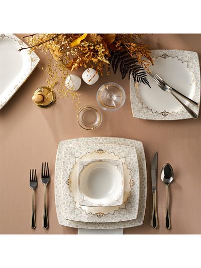 Karaca Mühür Fine Cream 60 Parça 12 Kişilik Porselen Yemek Takımı Gold Kare