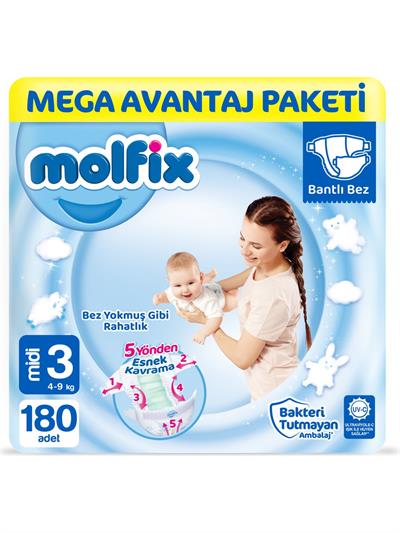 Molfix Bebek Bezi 3 Beden Midi Mega Avantaj Paketi 180 Adet