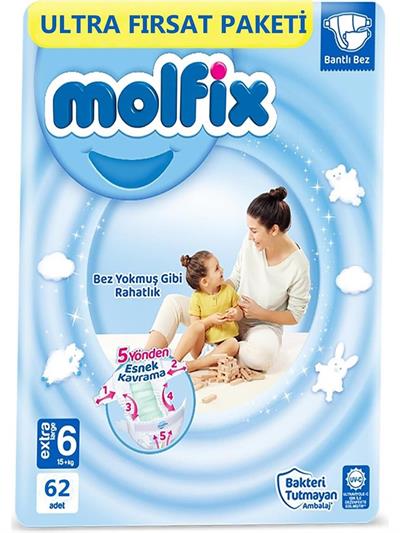 Molfix Bebek Bezi 3D 6 Beden Extra Large 15+ Kg 62li Ultra Fırsat Paketi