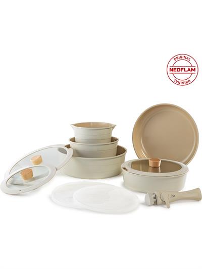 Neoflam Midas Bej 11 Parça Ayrılabilen Saplı Iç Içe Geçebilen Indüksiyonlu Tencere Tava Seti