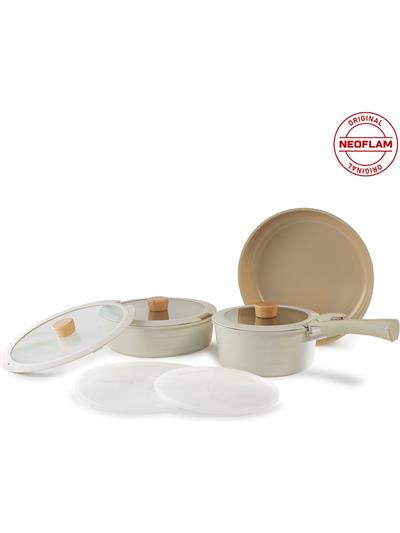 Neoflam Midas Bej 9 Parça Ayrılabilen Saplı Iç Içe Geçebilen Indüksiyonlu Tencere Tava Seti