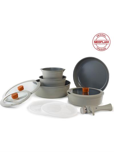 Neoflam Midas Gri 11 Parça Ayrılabilen Saplı Iç Içe Geçebilen Indüksiyonlu Tencere Tava Seti