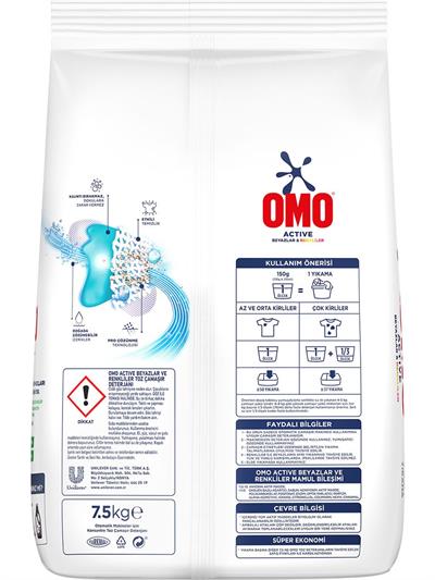 Omo Active Beyazlar ve Renkliler Toz Deterjanı 7.5 KG
