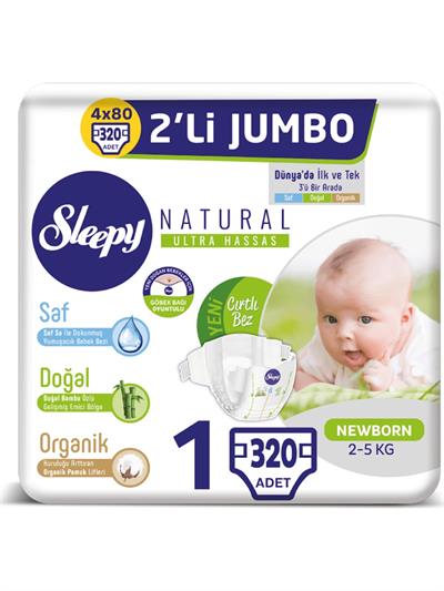 Sleepy Natural Bebek Bezi Ikili Jumbo 1 Numara Yenidoğan 80X4 (320 Adet)