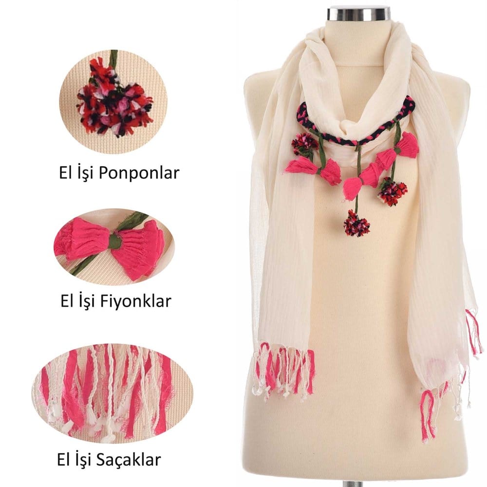 Ponponlu Fuşya Elişi Fular
