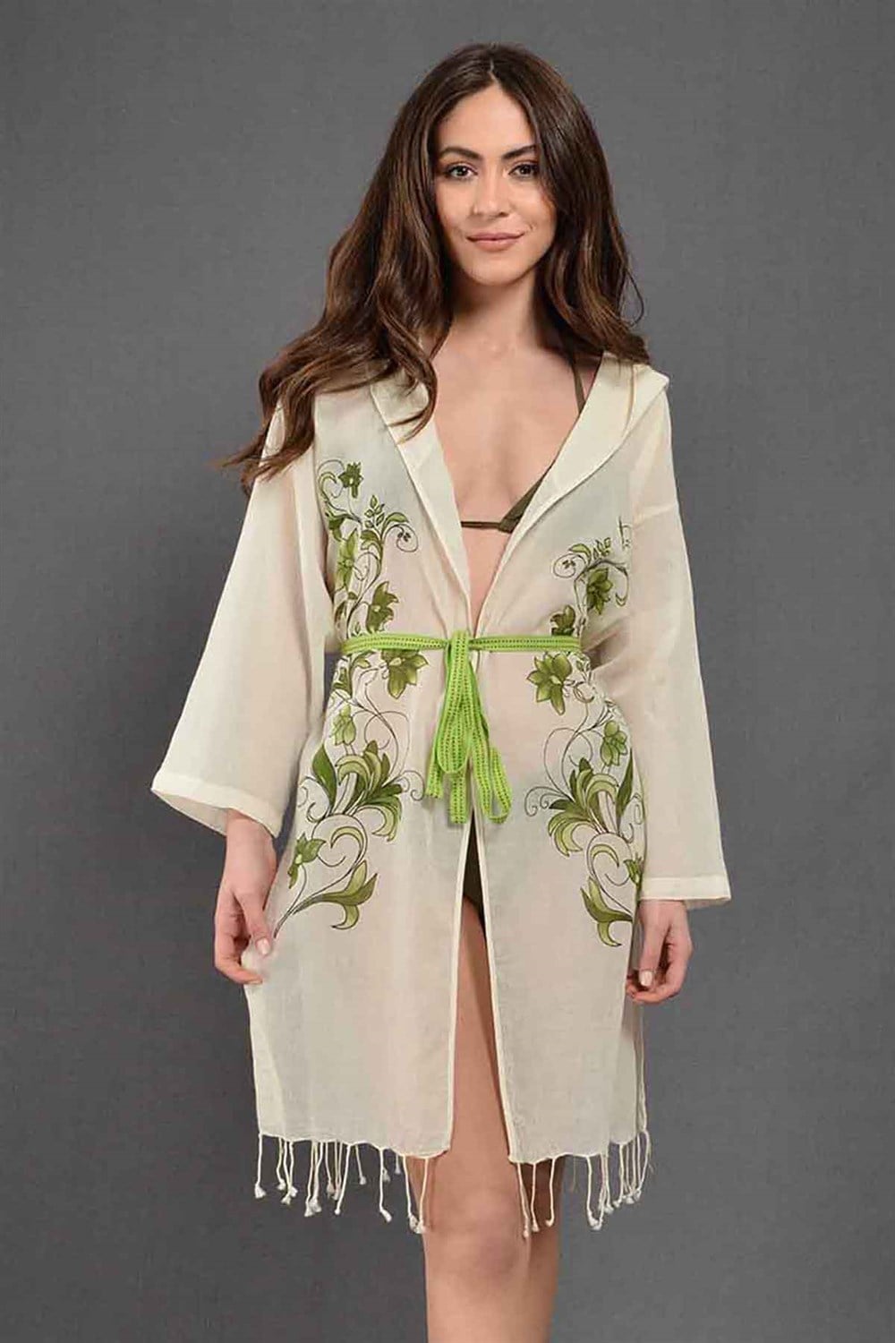 Yeşil Çiçekli Kapşonlu Kısa Kimono